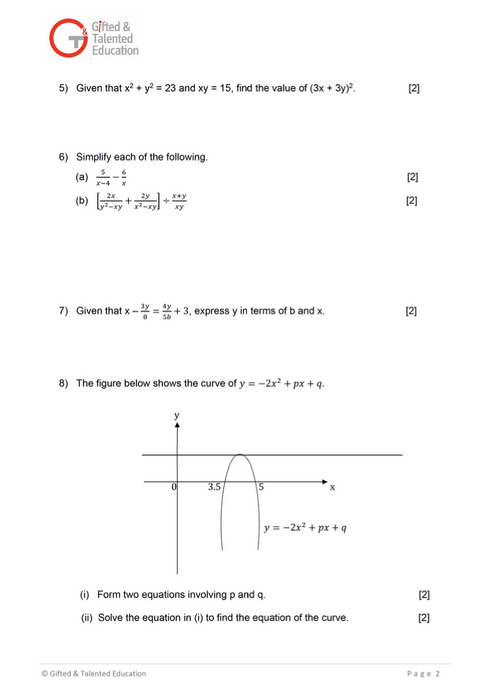 Secondary 2 Math Exam Set A