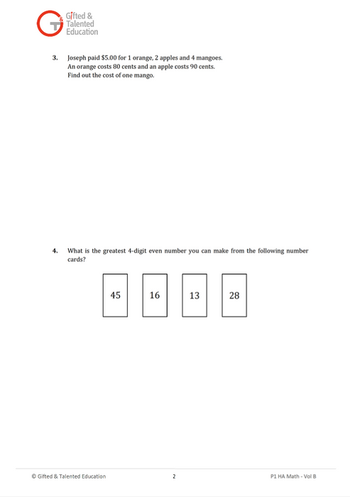 Primary 1 High-Ability Singapore Math Volume B