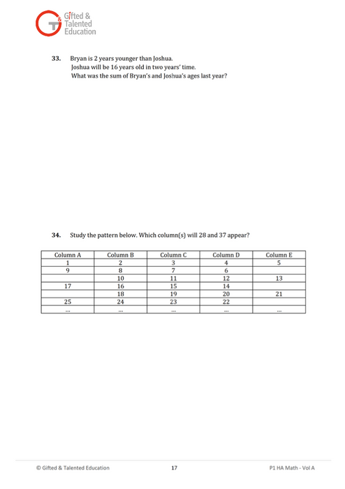 Primary 1 High-Ability Singapore Math Volume A